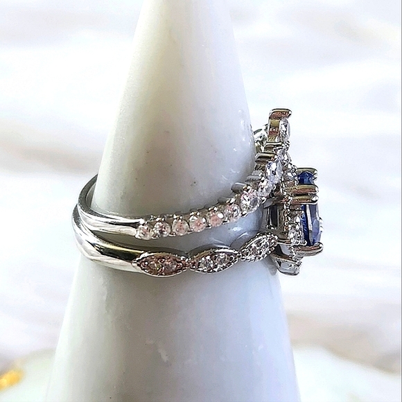NWT Ryze Denim Blue Cubic Zirconia .925 Sterling Silver Double Ring - Size 9 - Picture 5 of 10